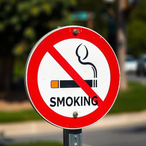 Generate a high-resolution image of a "No Smoking" sign featuring a cigarette with smoke graphic, captured using a DSLR camera with a 50mm lens, at f/2.8 aperture, ISO 100, in natural light, with a shallow depth of field to enhance details.
