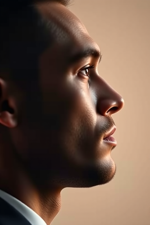 Create a high-resolution side profile image of a man with smooth lines and elegant detail, using a DSLR camera with a 50mm lens, aperture set to f/1.8, ISO 100, and a soft-focus background to enhance clarity and depth.