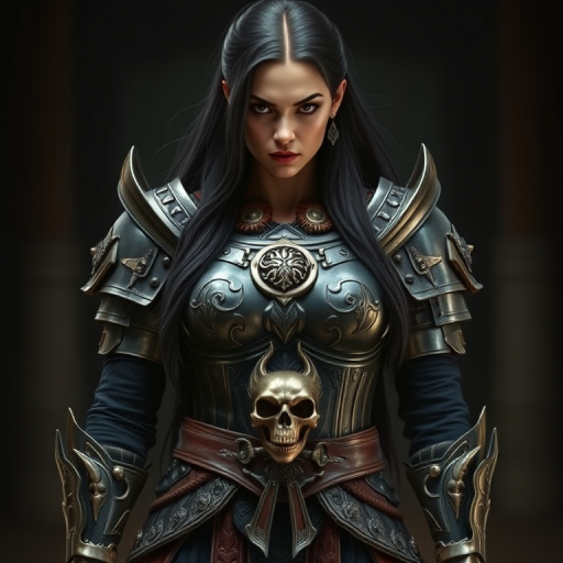 Create a photo of a fierce female warrior with long black hair, wearing an ornate, metallic armor. The armor includes a breastplate with intricate designs, shoulder guards, and gauntlets. The breastplate is decorated with a central emblem, possibly representing a mythical symbol, and has a sculpted, form-fitting design. She wears a belt with a large skull ornament at the center, and her armor extends into a partial skirt, revealing one leg. The overall look is both protective and stylish, with a dark, gothic aesthetic. The background is dimly lit, suggesting a medieval or fantasy setting, enhancing the warrior's imposing presence and intense expression.