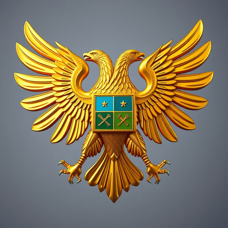 Create a high-resolution image of a golden double-headed eagle coat of arms with intricate details and vibrant colors, using a DSLR camera with a 50mm lens at f/1.8, ISO 100, and a shutter speed of 1/200 sec, captured from a straight-on view with studio lighting to enhance clarity and texture.