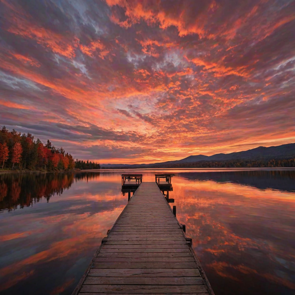 Create an image featuring a wooden dock extending into a serene lake at sunset. The sky is filled with dramatic orange, pink, and golden clouds as the sun sets behind distant hills, casting a beautiful reflection on the calm waters of the lake. The dock is strewn with vibrant red autumn leaves, and a strikingly red tree stands to the right, its leaves also glowing in the sunset light. The overall mood of the image is peaceful and warm, with the contrast between the fiery sky and calm waters enhancing the beauty of the scene.