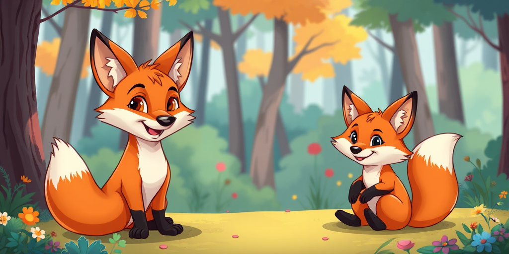 Generate a high-resolution illustration of two cartoon foxes, one standing confidently and the other sitting playfully, in a colorful forest setting; use a digital art style with vibrant colors and smooth lines; camera type: digital illustration software; camera settings: 300 DPI, full color, 16:9 aspect ratio; camera view: eye level.