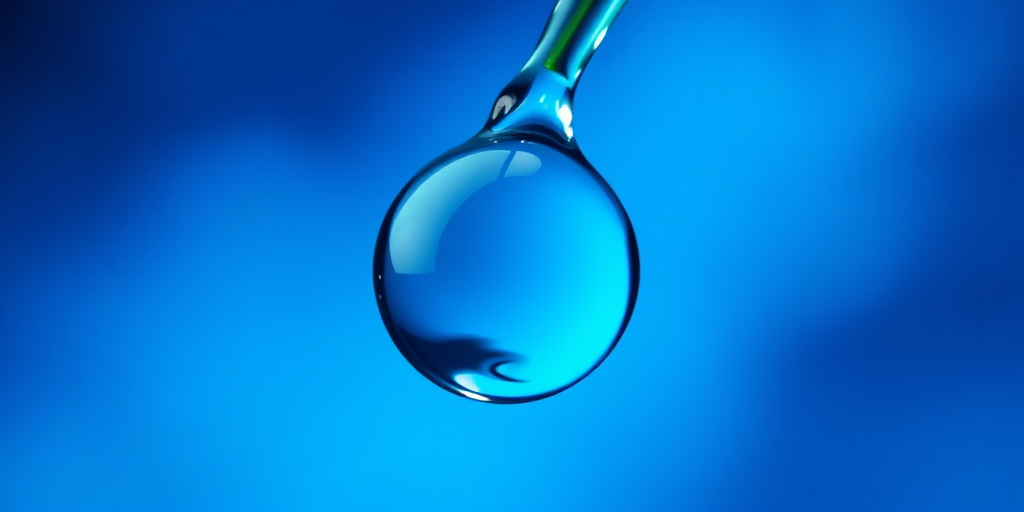 Create a high-resolution vector image of a blue water droplet with a glossy finish, using a 50mm lens at f/2.8 aperture, ISO 100, and with a soft-focus background for depth, utilizing a digital SLR camera.