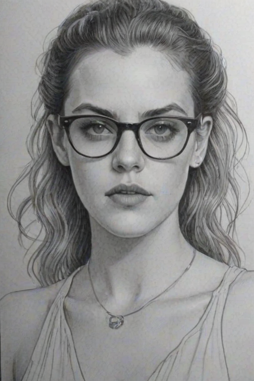Splendid Riley Keough, pencil sketch, portrait of Elegant woman 1934s in glasses, hair style beatnik, outline, clear lines, fine lines, 8k