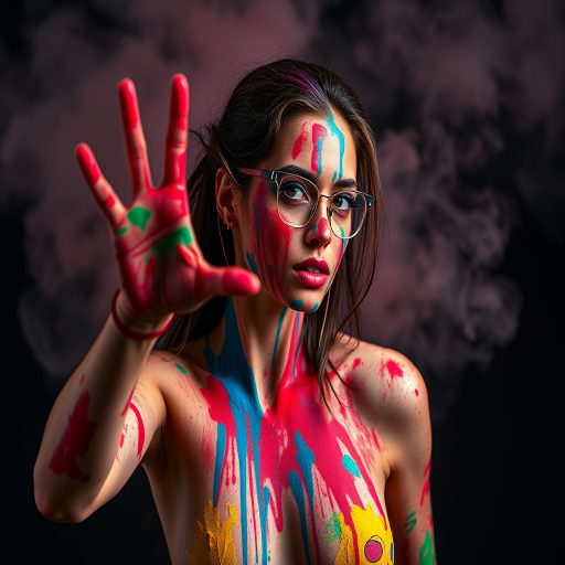 Create a high-resolution image of a model striking a dynamic pose covered in colorful paint, shot with a Canon EOS R5, 85mm f/1.2 lens, at ISO 100, f/2.8, with soft lighting and a dramatic smoky background.