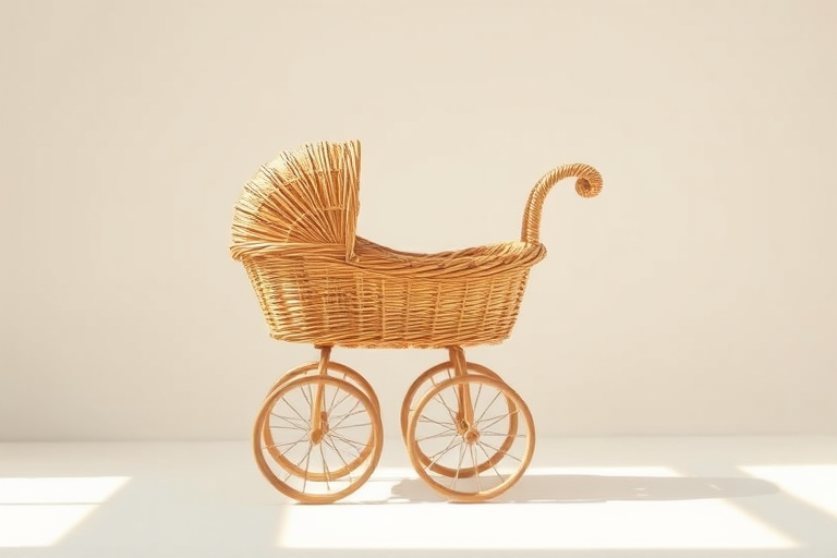 vintage wicker baby carriage on a plain background, shallow depth of field, natural sunlight, ISO 100, aperture f/2.8, 50mm lens, DSLR camera, soft focus, high resolution