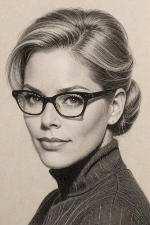 Magnificent Mary McCormack, pencil sketch, portrait of Dazzling woman 1958s in glasses, hair style beatnik, outline, clear lines, fine lines, 8k