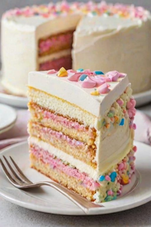 Generate an image of a slice of layered cake on a white plate. The cake has multiple layers with a creamy filling and is topped with small dollops of frosting. The background is a soft pastel color, creating a light and inviting atmosphere.