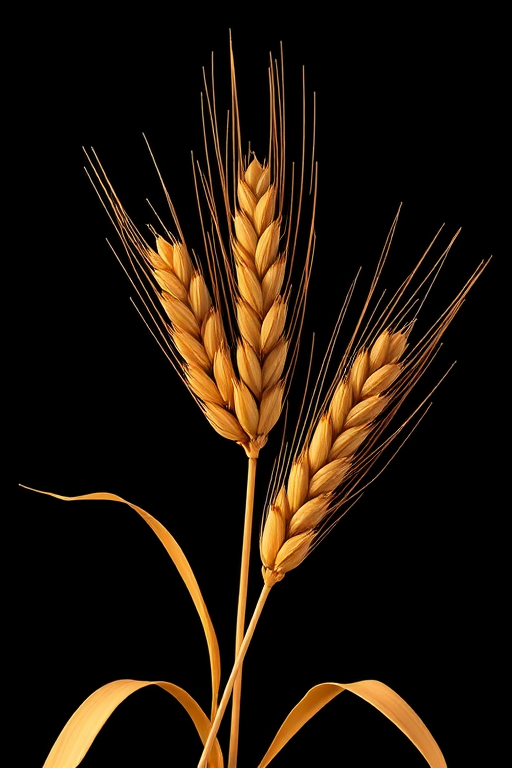 Create an illustration of stylized wheat ears with vibrant orange leaves on a solid black background, using a Canon EOS 5D Mark IV camera with a 50mm f/1.8 lens, shot in macro view to capture details, with high dynamic range settings for enhanced color contrast and clarity.