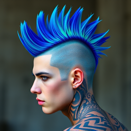 Intense electric blue mohawk with neon green streaks, styled in dramatic spikes and complemented by shaved sides with intricate tribal patterns, exuding a punk rock edge called Voltage Rebel