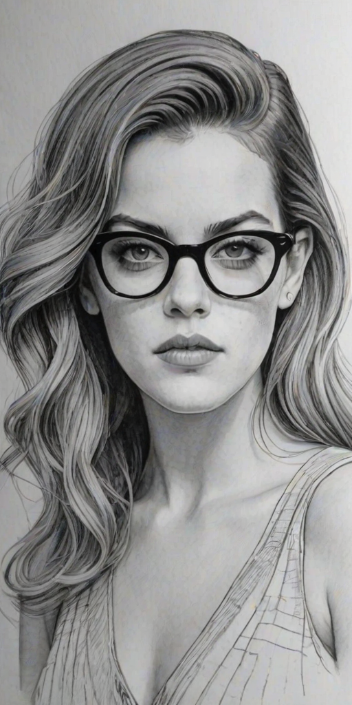 Enticing Riley Keough, pencil sketch, portrait of Sublime woman 1958s in glasses, hair style beatnik, outline, clear lines, fine lines, 8k