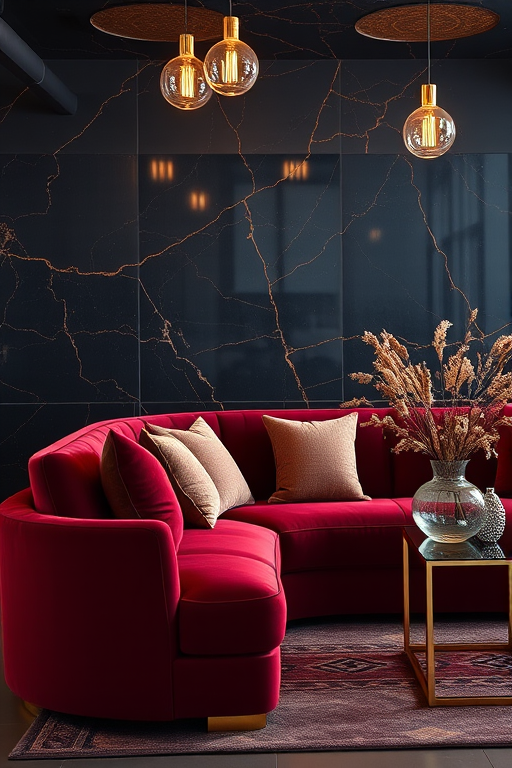 interior of a modern living room with a luxurious burgundy velvet sectional sofa, gold accents and decorative pillows, a stylish glass side table with a vase of dried flowers, a dark marble wall with red and gold veining, dim warm lighting from hanging glass pendant lights, DSLR camera, aperture f/1.8, ISO 100, 50mm lens, shot from a slightly elevated angle to capture the depth and elegance of the scene