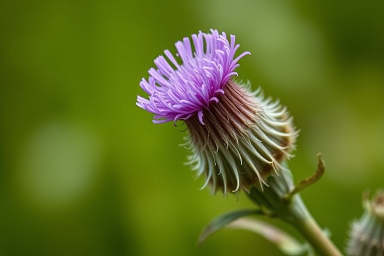 Capture a close-up shot of a thistle flower with vibrant purple blooms against a softly blurred green background, aperture f/2.8, shutter speed 1/200s, ISO 100, using a DSLR camera with a macro lens for enhanced detail and shallow depth of field.