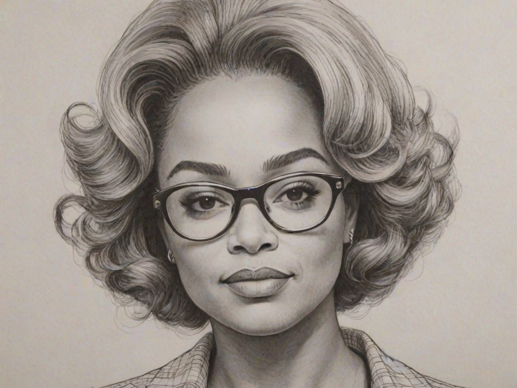Ravishing Kim Fields, pencil sketch, portrait of Superb woman 1967s in glasses, hair style beatnik, outline, clear lines, fine lines, 8k