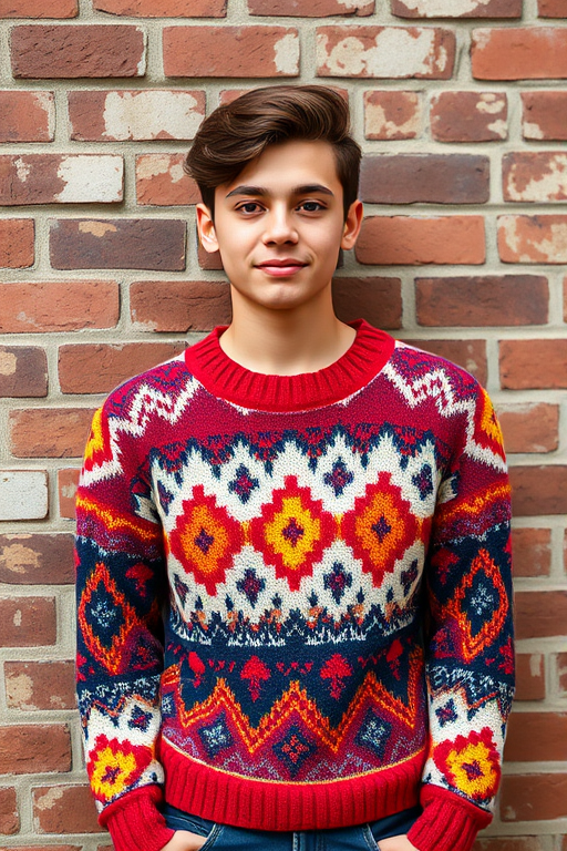 portrait of a stylish young person wearing a colorful knitted sweater standing against a textured brick wall, natural daylight, aperture f/2.8, ISO 100, focal length 50mm, DSLR camera, shallow depth of field to enhance background blur