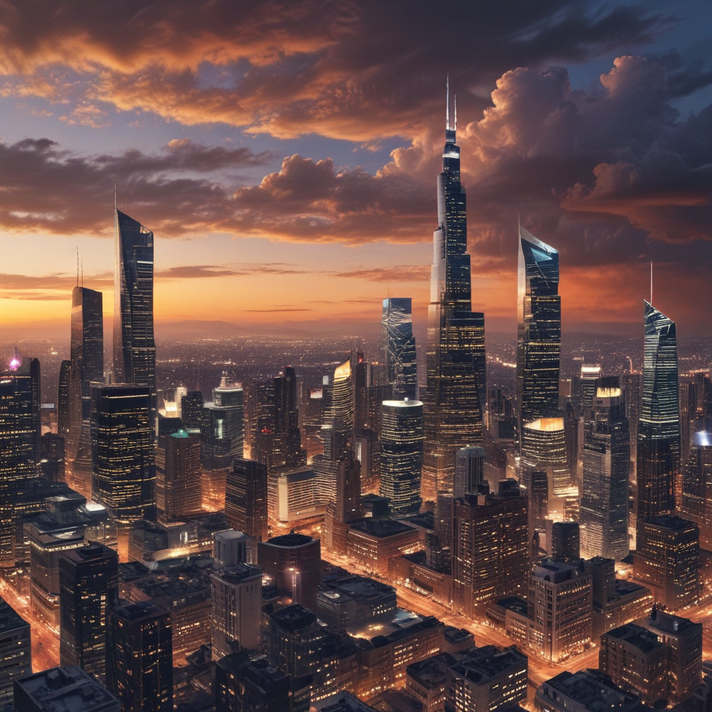 Stunning Sunset Over a Futuristic City Skyline with Towering Skyscrapers