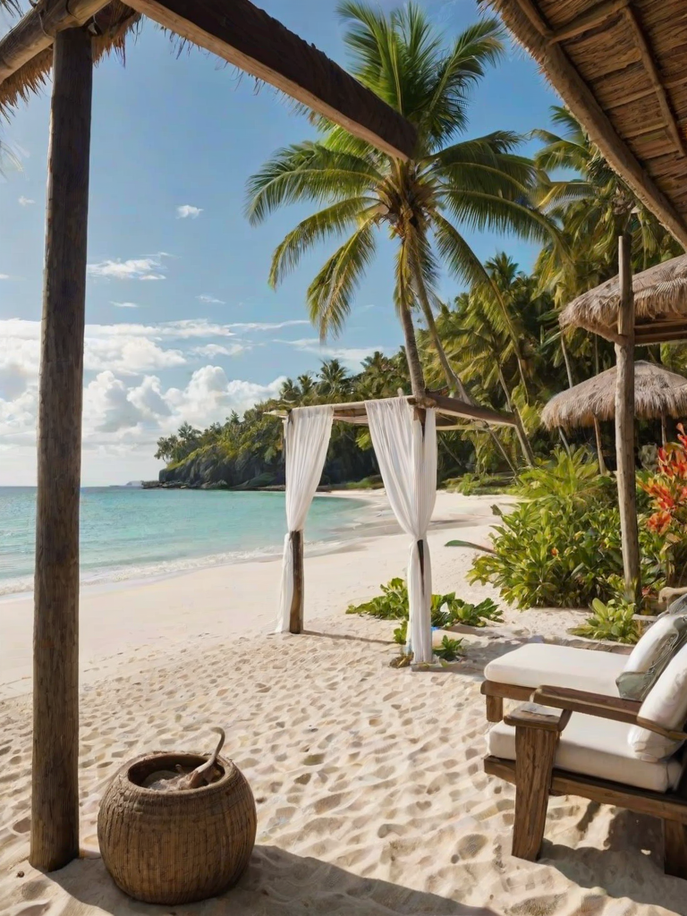 Create a picturesque tropical beach scene featuring a serene, white sandy shore. In the foreground, there's a rustic wooden canopy with white drapes gently flowing in the breeze. Underneath the canopy, a table is set with tropical decor, evoking a sense of relaxation and leisure. The beach extends into a calm, shallow water area with reflections of the sky and surroundings. Palm trees and lush greenery line the edge of the beach, providing a natural, tropical backdrop. The sky is clear with a few scattered clouds, and the overall atmosphere is tranquil and inviting, perfect for a peaceful retreat.