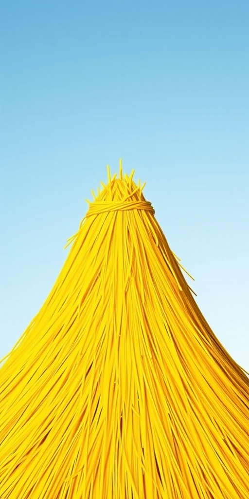 Create a bright yellow triangular haystack illustration with fine details and textures, using a DSLR camera at f/8 aperture, ISO 100, 24mm lens, natural light, shot in high resolution for enhanced clarity.
