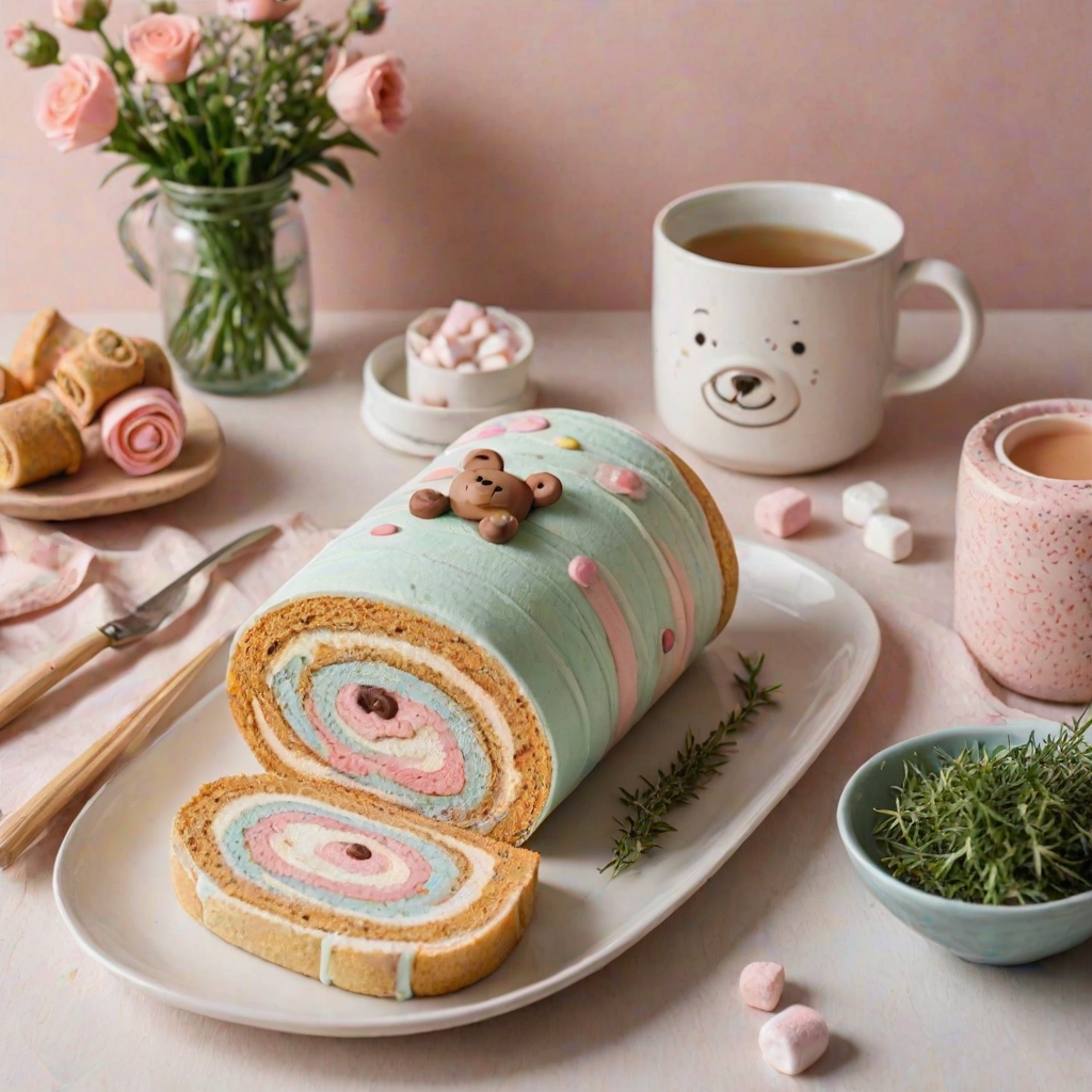 Create a cozy and aesthetic kitchen scene featuring a pastel-colored Swiss roll cake decorated with cute bear patterns. Include a cup of tea, a small bowl of marshmallows, and some fresh herbs in the background for a warm, inviting atmosphere.