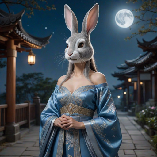 The photorealistic artwork portrays an anthropomorphic rabbit woman in traditional East Asian attire, set against a mystical, moonlit night scene.  Her rabbit features, including long ears and a soft snout, are highlighted by the delicate features of her fur-covered face.  She wears a flowing, off-the-shoulder gown in shades of blue and silver, adorned with intricate golden embellishments