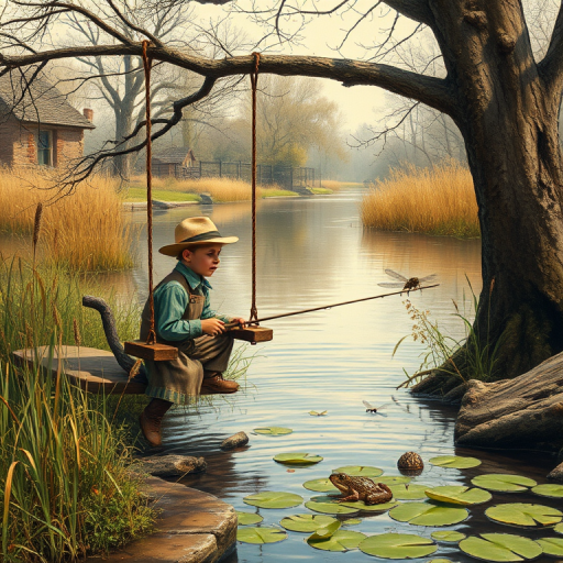 Imagine a small group of old fashioned young boys out fishing by the creek, a swing hanging from a tree branch, reeds and grasses by the water's edge, a frog sitting on a lily pad, dragonflies hovering over som water plans, a very iconic old fashioned scene reminiscent of a Norman Rockwell painting style