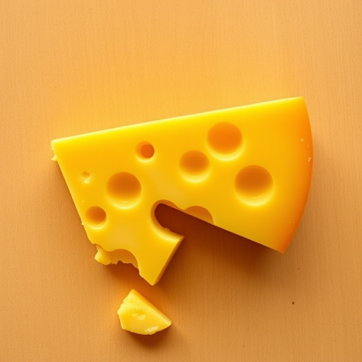 Create a high-resolution illustration of a wedge of yellow cheese with holes, using a DSLR camera with a 50mm lens, f/2.8 aperture, 1/200s shutter speed, shot from a top-down view with soft natural lighting.