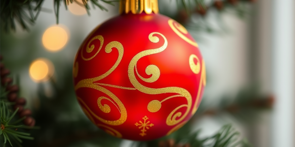 Regenerate a high-resolution image of a red Christmas ornament with gold swirls, using a DSLR camera, f-stop 4, ISO 100, 50mm lens, soft lighting, and a shallow depth of field for enhanced details and clarity.