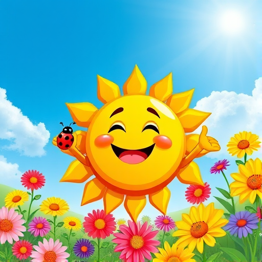 Create a playful cartoon scene featuring a cheerful sun character with arms, smiling face, and a ladybug on its finger, surrounded by colorful flowers, against a bright blue sky with fluffy clouds, captured with a DSLR camera, aperture f/8, ISO 100, focal length 35mm, in a vibrant flat style.