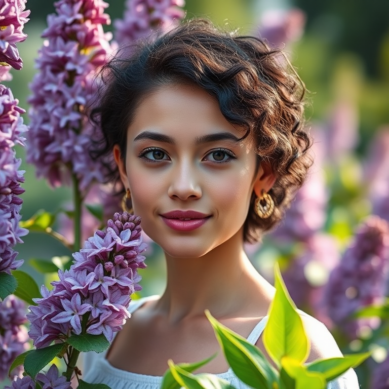 portrait of a young woman with short curly hair standing beside purple lilacs, soft focus background, natural lighting, 50mm lens, aperture f/1.8, ISO 200, DSLR camera