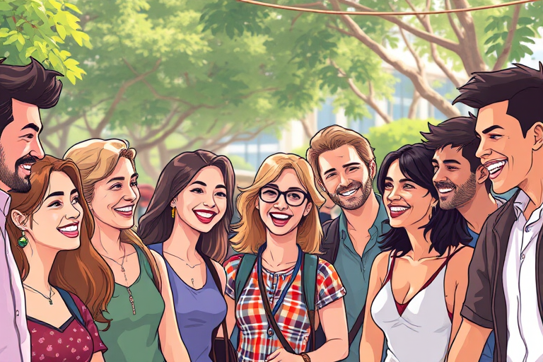 Create an illustration of a diverse group of people smiling and interacting in a vibrant outdoor setting, captured with a DSLR camera at f/2.8 aperture, ISO 100, and a focal length of 50mm in a candid style with natural lighting for enhanced image quality.