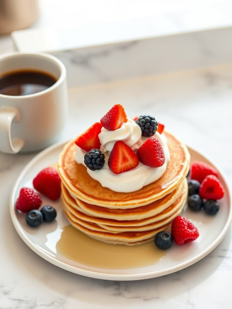 Capture a high-resolution image of a stack of pancakes topped with whipped cream and fresh berries, arranged on a plate beside a white cup of coffee, set on a marble countertop; use a DSLR camera with a 50mm f/1.8 lens, aperture set to f/4 for sharpness, ISO 200, shutter speed at 1/125s, in natural light for a bright and inviting look.