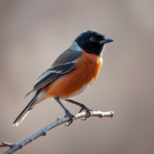 A detailed illustration of a brown and black bird perched on a branch, captured using a Canon EOS 5D Mark IV, 50mm lens, f/4 aperture, ISO 100, in natural light, focusing on intricate feather textures and vibrant coloring, with a shallow depth of field to softly blur the background.