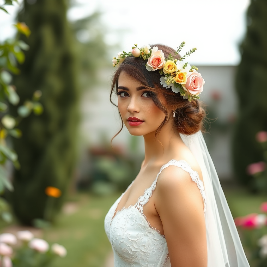 Garden scene, bridal model, delicate lace gown, floral headpiece, soft romantic focus, high-key lighting and an 85mm lens for soft, even tones that highlight the model’s face and bright outfit against a white or light background