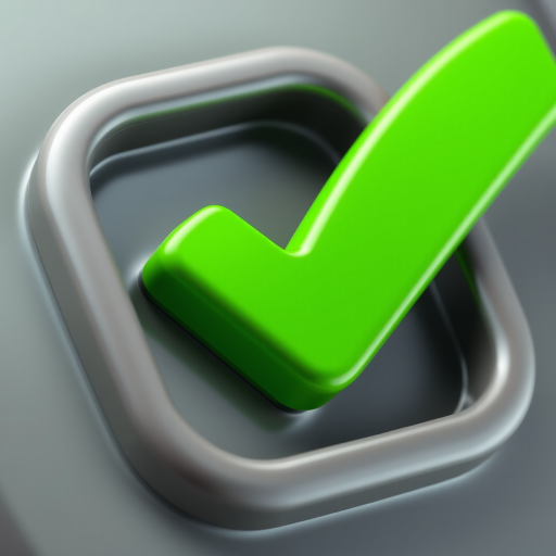 Generate a high-resolution image of a 3D green checkmark inside a square outline with a glossy finish, camera settings: f/8 aperture, ISO 100, 1/60 sec shutter speed, camera view: close-up, camera style: vibrant colors, camera type: DSLR.