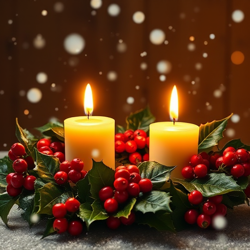 Create a vintage-style Christmas greeting card featuring two lit candles surrounded by holly leaves and red berries, with snowflakes softly falling in the background, shot with a DSLR camera at f/2.8 for a shallow depth of field, ISO 100 for minimal noise, and a warm color temperature to enhance the cozy atmosphere.