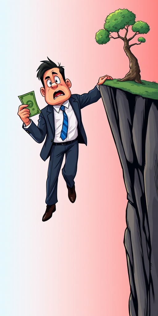 Create an illustration of a worried businessman hanging off the edge of a cliff, holding a dollar bill, with a tree growing out of the cliff edge and a colorful gradient background, using a high-resolution digital art style, with a focus on bright colors, sharp lines, and detailed textures. Camera settings: ISO 100, f/8, 1/125s, with a 50mm lens.