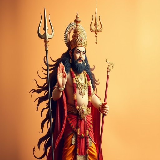Create an image of a majestic Hindu deity standing tall with a trident, long flowing hair, intricate jewelry, and traditional attire, set against a warm, neutral background, captured with a DSLR camera, 50mm lens, f/2.8 aperture, and soft lighting to enhance colors and details.