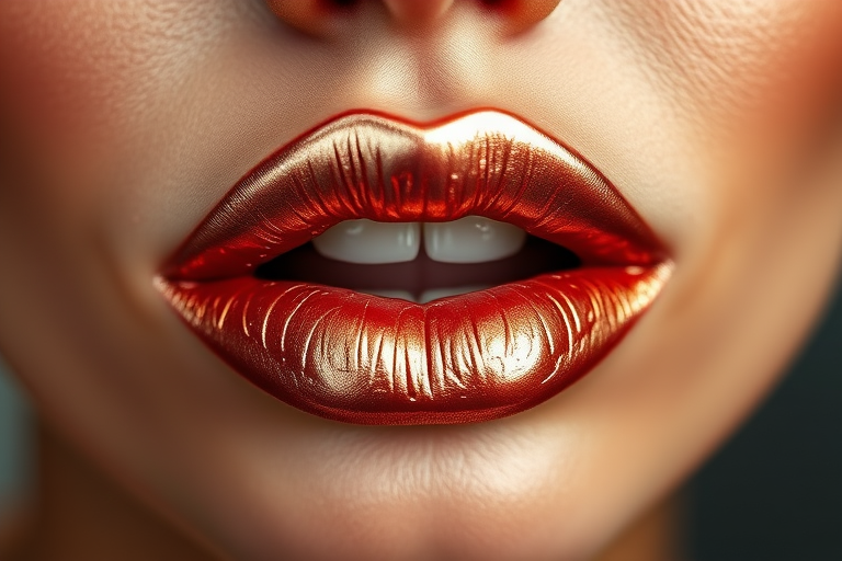 Glamorous "Metallic Rose Gold" lips shimmering with a luxurious metallic sheen, expertly sculpted and highlighted for a mesmerizing 3D effect