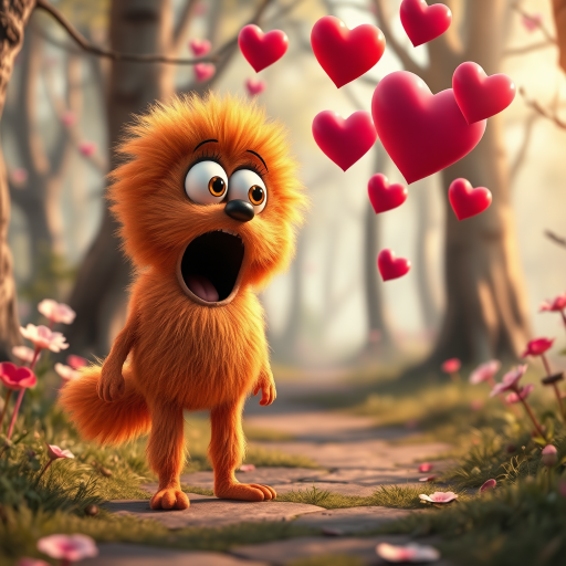 A fluffy orange creature with large eyes and a wide open mouth stands on a path in a whimsical forest, bright pink and red hearts float through the air, the creature has a surprised expression, the light is warm and soft, photorealistic, digital art, 3D style