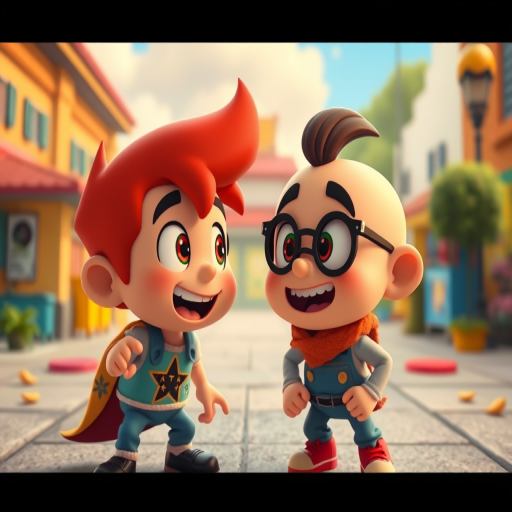 Create a vibrant cartoon scene featuring two animated characters in a humorous confrontation, using a wide-angle lens with an aperture of f/2.8, ISO 100, and a shutter speed of 1/200 sec to capture vivid colors and sharp details.