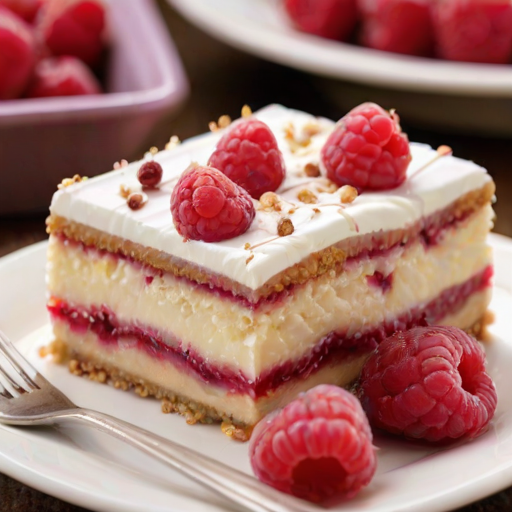 Create an image of a delicious dessert slice featuring layers of creamy filling, fresh raspberries, and a crumbly topping. The slice should be presented on a white plate with a fork beside it. The dessert should look rich and inviting, with a drizzle of icing on top and some raspberry pieces scattered around.