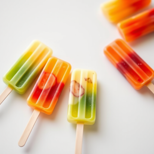 colorful popsicles on a white background, shallow depth of field, 50mm lens, f/2.8 aperture, ISO 100, natural lighting, high dynamic range, studio photography