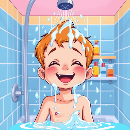 Create a high-resolution, vibrant illustration of a young boy happily washing himself in the shower, with water droplets falling, bright bathroom tiles in the background, a showerhead above, and colorful toiletries on a shelf, captured from a slightly elevated angle using a digital illustration style with a focus on vivid colors and clean lines.