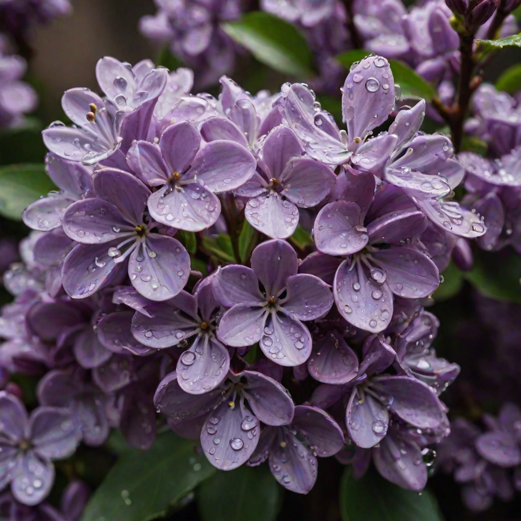 regenerate an image of vibrant purple lilac flowers with droplets of water on the petals against a blurred dark background