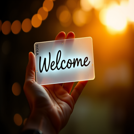 Hand holding a glowing "Welcome" sign with a soft golden light in the background, shot with a Canon EOS R5, 50mm lens, aperture f/1.8, ISO 100, using a shallow depth of field for focus on the hand and text.