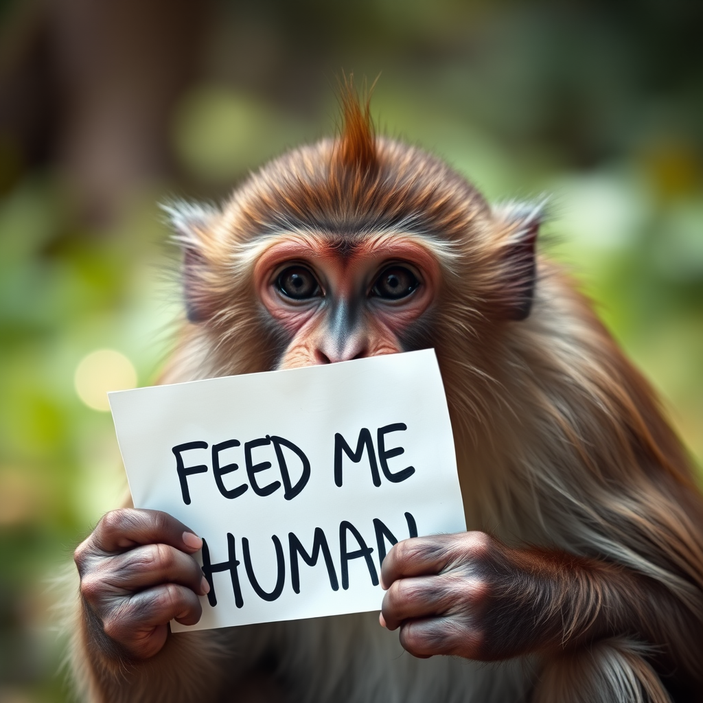 monkey holding a note which says "FEED ME HUMAN"