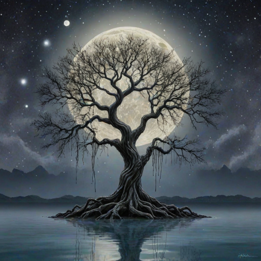 painting of a tree with a full moon in the background and water dripping from its branches, fantasy art, alcohol ink, 3D, 4K, HDRi
