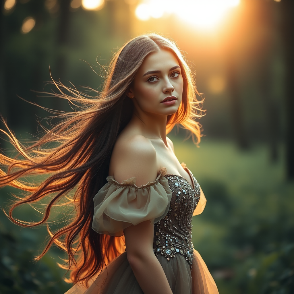 Create an ethereal image of a young woman with long, flowing hair wearing a shimmering, jewel-toned gown in a lush forest, soft focus, golden hour lighting, 85mm f/1.4 lens, shallow depth of field, using a full-frame DSLR camera.