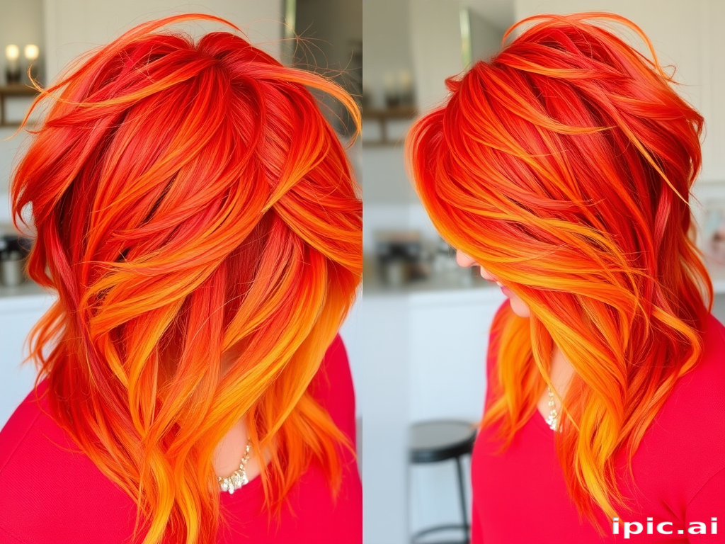 Fiery Phoenix Feathered Layers featuring a bold blend of vibrant red orange and yellow hues styled in wispy textured layers resembling the majestic plumage of a mythical firebird