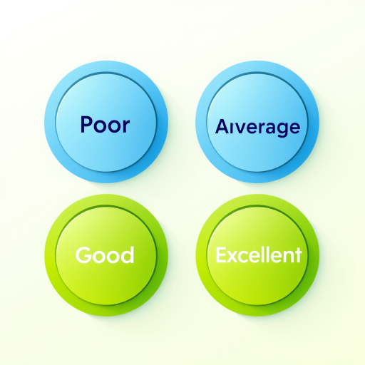 Create a high-resolution illustration of four circular rating icons labeled Poor, Average, Good, and Excellent in a gradient color scheme from blue to green, using a DSLR camera with a focal length of 50mm, aperture set to f/2.8, shot from a straight-on view with soft lighting for an appealing finish.